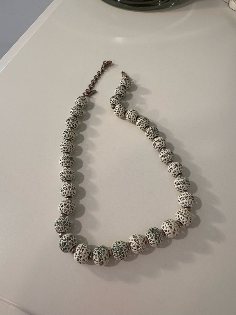 3/12$ Vintage White & Green Carved Bead Necklace – Elegant Artisan Statement